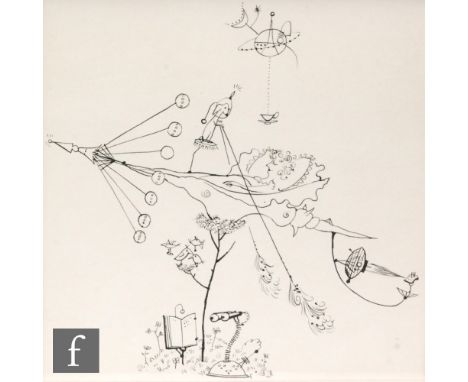 Rowland Emett (1906-1990) - Design for a sculpture at the 1957 exhibition, pen and ink sketch, bears fragment of label verso,