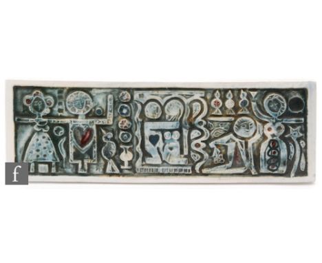 Troika Pottery - A Love plaque modelled in low relief with stylised scenes of a couple meeting, falling in love and then gett