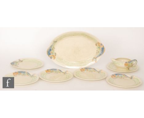 Clarice Cliff - Fish Service - A complete service circa 1939, comprising serving platter, six plates and a sauce boat relief 