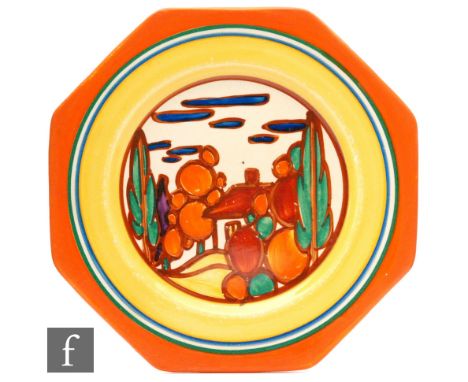 Clarice Cliff - Trees &amp; House - Seven Colour - An octagonal side plate circa 1930, hand painted with a stylised tree and 