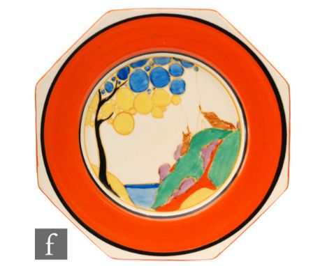 Clarice Cliff - Secrets - Seven Colour - A large octagonal plate circa 1933, hand painted with a stylised coastal landscape w