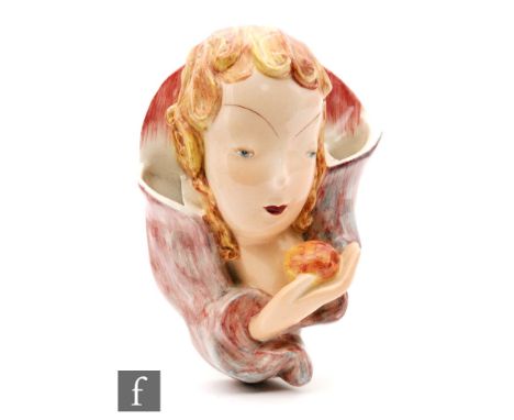 Goldscheider - Myott &amp; Sons - A 1930s wall pocket modelled as a fashionable young lady in full face pose, printed marks. 