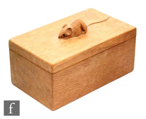 Mouseman - A Robert Thompson of Kilburn English Oak Trinket Box and Cover, of rectangular form, the cover with carved mouse s