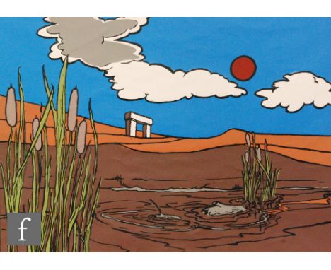 David Hart (Contemporary) - 'Monument', screen print, signed in pencil and numbered 3/6, published 1975, framed, 49cm x 67cm.