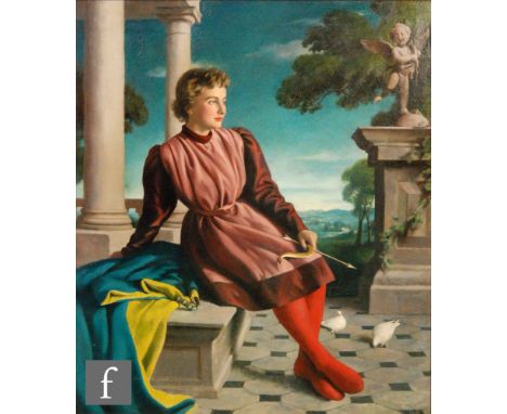 G Sands - Portrait of a lady wearing medieval costume sitting by a classical column, oil on canvas, signed indistinctly, fram