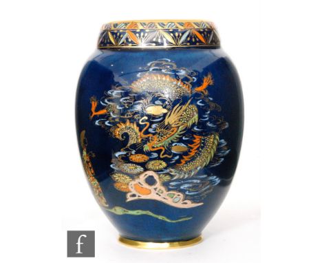 Carlton Ware - A 1930s Art Deco vase decorated in the Dragon and Traveller pattern with a gilt and enamel stylised dragon, st