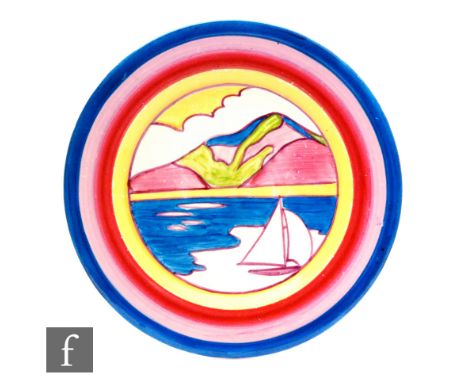Clarice Cliff - Gibraltar - A small circular side plate circa 1931, hand painted with sailing boats at sea before a stylised 