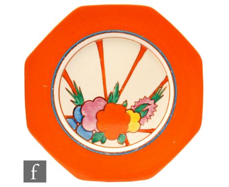 Clarice Cliff - Fruitburst - A large octagonal plate circa 1934, hand painted with a stylised floral spray over a sunburst ef