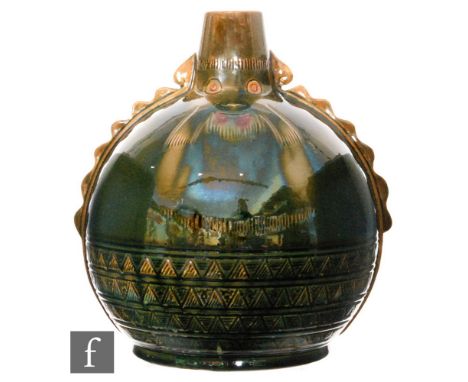 Christopher Dresser - Linthorpe Pottery - A late 19th Century vase, of Peruvian influence, the globular vase, applied with sc