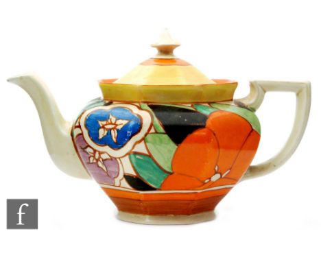 Clarice Cliff - Orange Gardenia - An Athens shape teapot circa 1930, hand painted with stylised flowers and foliage with oran