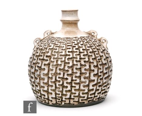 Guy Sydenham - Poole Pottery - An Atlantis vase of globular form with collar neck and applied handles, the body with carved p