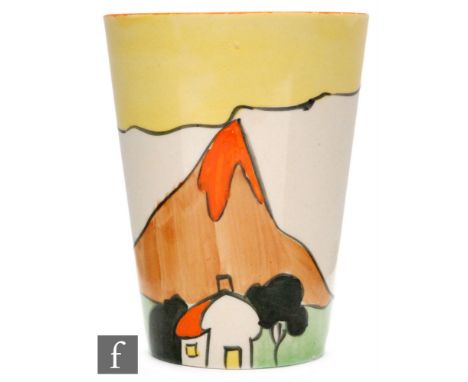 Clarice Cliff - Mountain - A beaker circa 1931, hand painted with a stylised landscape with tree and cottage before a mountai