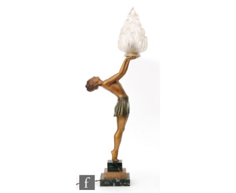 Unknown - An Art Deco spelter table lamp formed as a partially nude female figure standing upright on tiptoes, her back arche