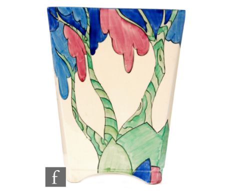 Clarice Cliff - Rudyard - A shape 200 vase circa 1933, hand painted with a stylised tree landscape in tonal blue, pink and gr
