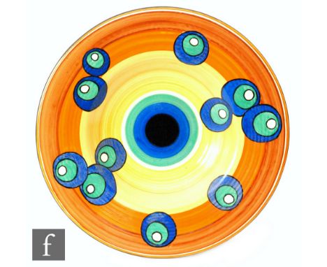 Clarice Cliff - Bowling - An 18" ribbed charger circa 1929, hand painted with green and blue motifs over a brown, orange, yel