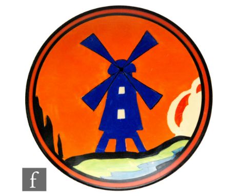 Clarice Cliff - Applique Windmill - A circular dish form plate circa 1932, hand painted with a stylised landscape with a blue