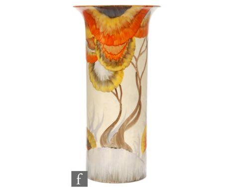 Clarice Cliff - Rhodanthe - A shape 195 vase circa 1934, hand painted with a stylised tree landscape with Delecia effect stre