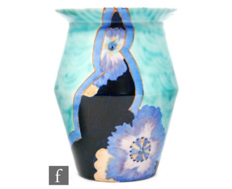 Clarice Cliff - Inspiration Aster - A shape 342 vase circa 1929/30, hand painted with panels of abstract flowers in tonal pur