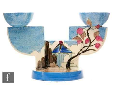 Clarice Cliff - Blue Japan - A shape 609 Bon Jour shape twin candle stick circa 1933, with circular base below twin arched ar