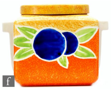 Clarice Cliff - Fruit Nuage - A Stamford shape biscuit box and cover circa 1932, hand painted with a fruit and foliate spray 