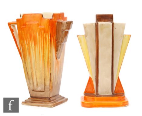 Myott Son &amp; Co. - A 1930s Art Deco sectional vase of architectural form raised to a stepped base, hand painted in orange,