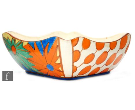 Clarice Cliff - Umbrellas &amp; Rain - A shape 299 fruit bowl circa 1929, hand painted with alternate panels of stylised umbr