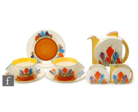 Clarice Cliff - Crocus - A Stamford early morning breakfast set circa 1936, hand painted with crocus sprays with brown, yello