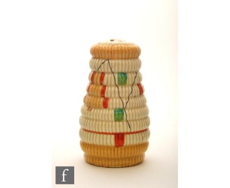 Clarice Cliff - Raffia Ware - A sugar shaker circa 1936, relief moulded to look like basket weave picked out with enamel colo