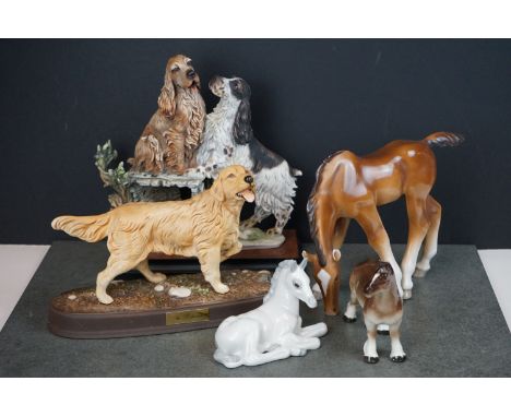 A collection of three Russian ceramic horses together with two contemporary dog ornaments. 