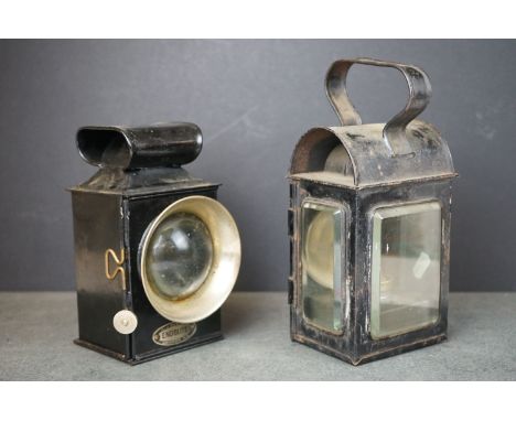 Emergency Motoring Lamp by A J Dew &amp; Co, 18cms high together with another Hand Held Lamp with bevelled glass panels and o