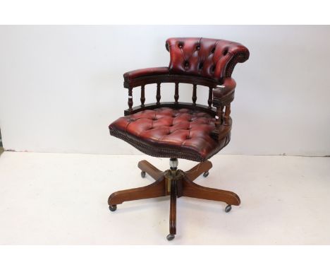 Victorian style Swivel Office Tub Chair upholstered in button red leather 
