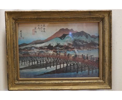 Gilt framed, signed, Japanese print, landscape with figures on bridge and mountains beyond 