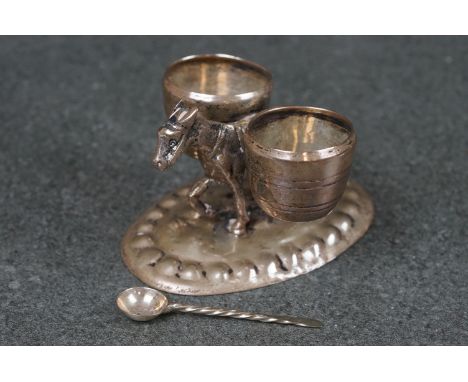 A Continental .800 silver table cruet and salt spoon modelled as a donkey. 