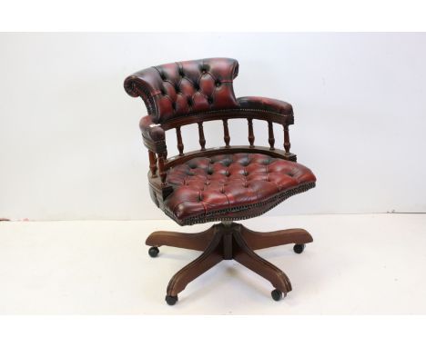 Victorian style Swivel Office Tub Chair upholstered in button red leather 