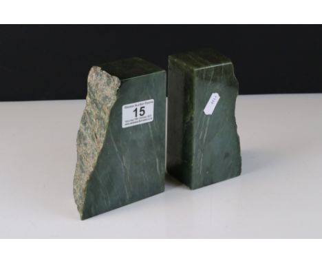 Pair of Polished Jade Block Bookends, each with one face of natural boulder, probably Polar Jade, 15cms high 
