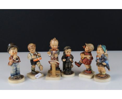 Six Goebel Hummel Figures including Chimney Sweep, Home from market, Band Leader, Serenade, Happiness and Little Drummer, tal