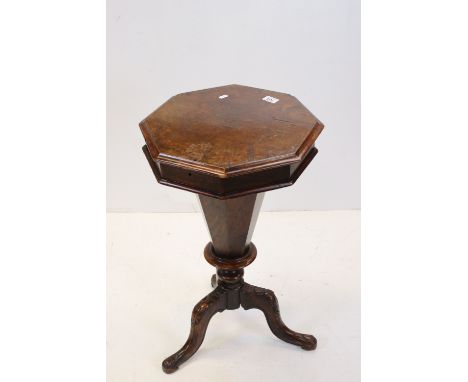 Victorian Walnut Trumpet shaped Sewing Table / Work Box, the octagonal hinged lid opening to a fitted interior raised on swep