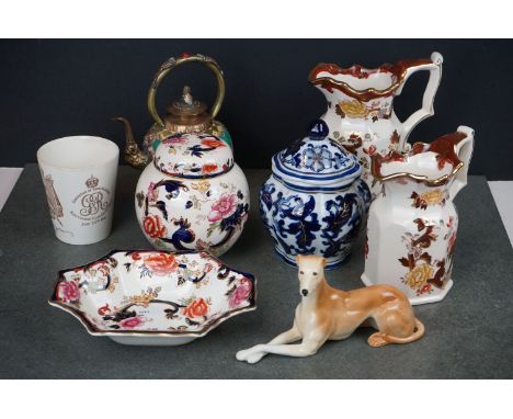 A group of mixed ceramics to include Mason's Jug's, a Royal Doulton 1911 coronation mug, a Chinese teapot etc.. 