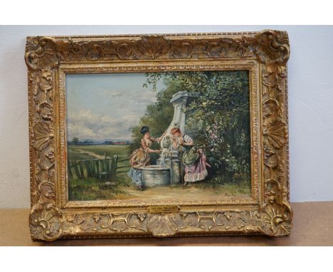 M I Reid (British 20th century) At The Spring, oil on canvas, signed with initials M I R (lower right) approx. 25.5cm x 35.5c