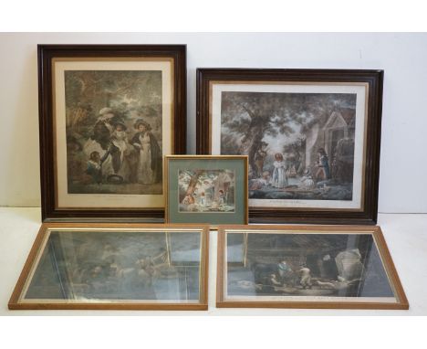 Two Pairs of Morland Coloured Prints, largest 44cms x 56cms together with another small Morland style print, all framed and g