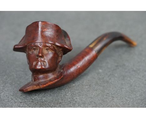 Antique carved wooden pipe with horn mouthpiece, believed to be Napoleon 