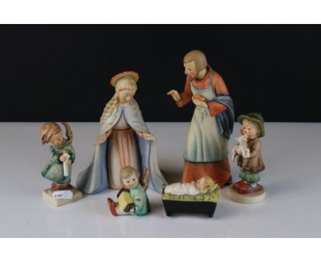 Six Goebel Hummel Nativity Figures including Joseph, Mary, Baby Jesus, Lost Sheep, Heavenly Angel and Angel playing Squeeze B
