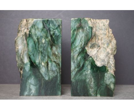 Pair of Polished Jade Block Bookends, each with one face of natural boulder, probably Polar Jade, 16cms high 