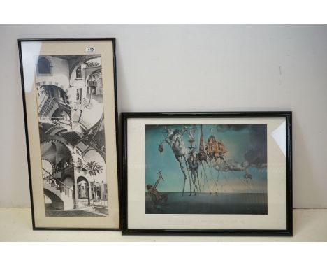 M C Escher, a framed surrealist print titled ' Oben und Unten '  together with a Salvador Dali framed art print 