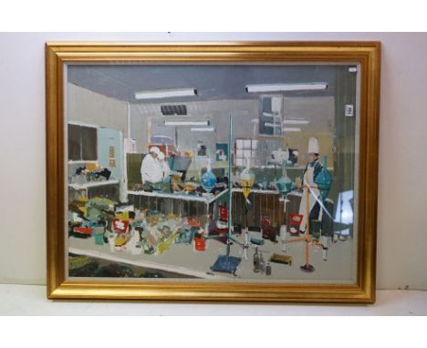 Leslie Goodwin R I, R W A, a large framed industrial oils on board ' The Chemistry Lab ' approx. 75cm x 100cm 