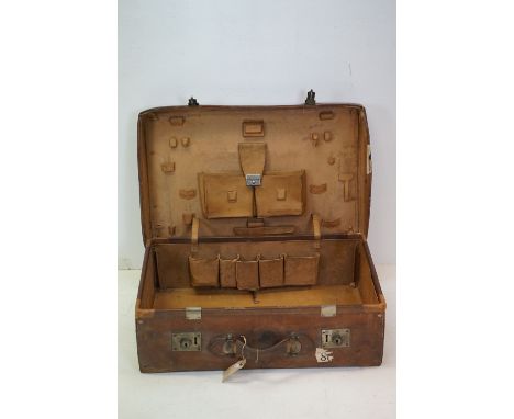 A vintage leather fitted suitcase, stamped B.A.S.W. to the outer lid. 