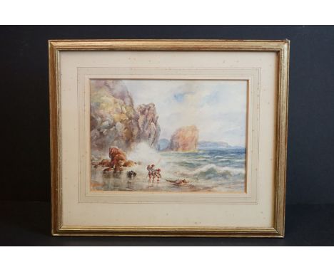 A R Dawson, 19th century watercolour, coastal scene with fishermen bringing in their catch 