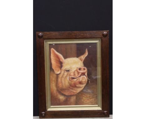 Oak framed oil painting portrait of a pig in a barn 