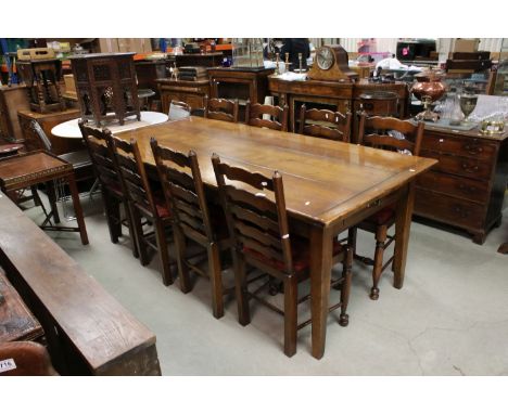 20th century Oak Dining Room Suite in the 18th century manner comprising Plank Cleated Top Dining Table with drawers to eithe