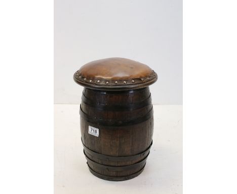 Small vintage oak barrel, converted to a stool with a leather seat 